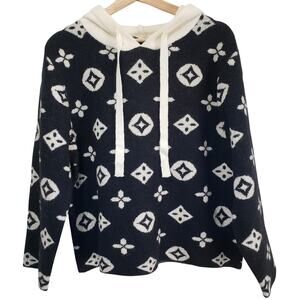 NWT S. CHRISTINA 100% Cashmere Hooded Sweater Black Cream Women's Small/Medium